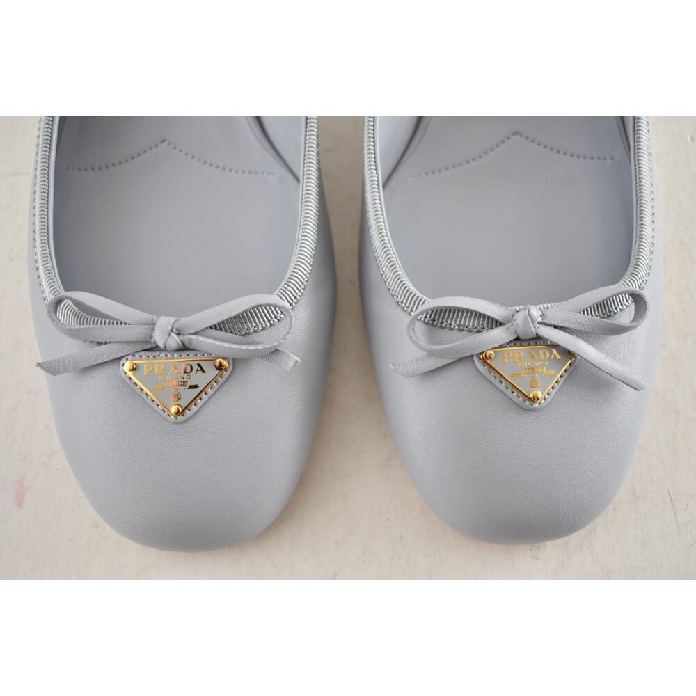 Prada Grey Blue Triangle Logo Bow Ballerina Mule Block Heel Slingback Pump 39.5 - Picture 10 of 15